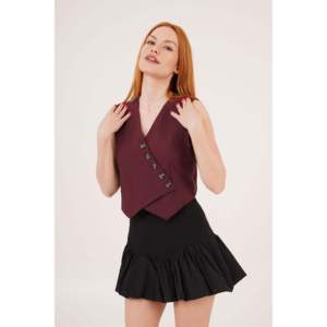 Chaleco de corte triangular con botones y cuello en V para mujer Lustrin - Elegante top sin mangas en mezcla de viscosa y poliéster color borgoña - Product Image 5