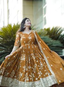 Traje de vestir de moda tradicional indio pakistaní Anarkali Salwar Kameez para mujer vestido étnico de Bollywood Japón satén seda mostaza - Product Image 2