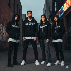 Sudadera con Capucha Negra Rexfit para Hombre, con Cierre, Logotipo Estampado en el Pecho y Adornos de Piedras Preciosas |   Sudadera con Capucha Premium de Invierno para Ropa Urbana - Product Image 3