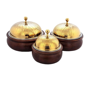 Ensemble de marmites tendance avec couvercle en métal Casseroles luxueuses en bois de couleur naturelle pour une utilisation régulière à la maison et au restaurant - Product Image 1