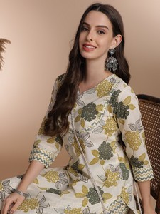 Mujeres floral impreso Gotta Patti detalle puro algodón recto Kurta con pantalón indio Pakistán Salwar kameez traje - Product Image 4