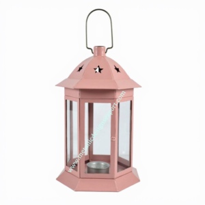 Lanterne en métal faite à la main en bronze antique, support de lampe à thé au design complexe, panneaux en verre violet élégants pour support de Noël - Product Image 3