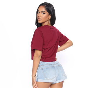 Venta al por mayor de alta calidad de algodón de las mujeres camiseta OEM fabricantes personalizado impreso Slim Crop Tops con cuello redondo para las señoras - Product Image 3