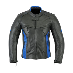 Veste d'équitation de moto en cuir de vachette véritable noir avec panneaux bleus Protections CE veste de moto de course sur route pour hommes - Product Image 1