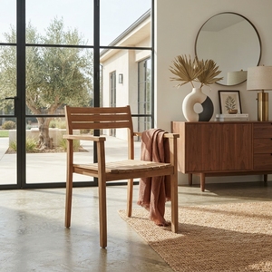 Solid Teak Wood Garden <b>Armchair</b> Horizontal Slatted Seat Natural Finish Outdoor Patio <b>Dining</b> Side Chair Setup Art Decor - Product Image 2