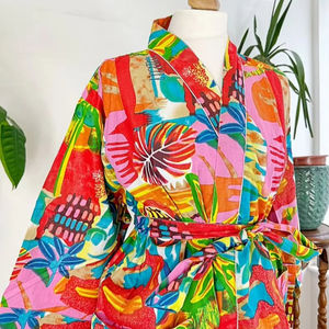 Algodón puro bloque indio impreso casa bata verano Kimono Floral playa encubrimiento cómodo maternidad mamá naranja ráfaga verde abstracto - Product Image 1