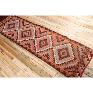 พรมคิลิมวินเทจขนาด 3x10.5 ฟุต ลายตารางสีส้ม พรมขนสัตว์ตุรกี - Product Image 4