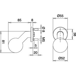 Poignée de porte en acier inoxydable K4/052/02, montage F00, tête sphérique décalée M12 pour tringles de rideau de douche, produit EDI - Product Image 3