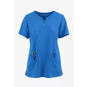 Haut de blouse médicale pour femme à col en V zippé et manches courtes, respirant et extensible, avec poches, pour infirmière, médecin et personnel hospitalier - Product Image 6