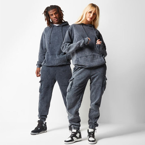 Conjunto de Sudadera con Capucha y Pantalones Jogger Unisex Vintage 100% Algodón, Lavado Negro, Estilo Holgado Informal, Diseño Sólido, Chándal con Capucha - Product Image 1