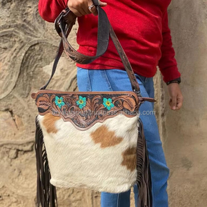 Nuevo diseño, bolso de mano de cuero, bolso de cuero con flecos de piel de vaca Real, bolso de hombro tallado, bolsos de Color turquesa bohemio para mujer - Product Image 2