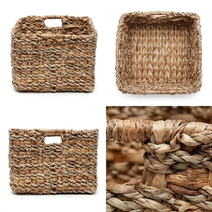 Natural Water Hyacinth Seagrass Storage Basket Cube <b>Square</b> <b>Bin</b> Inset Cutout Handle Pure Art Setup Room Decor Art Handcraft Setup - Product Image 3