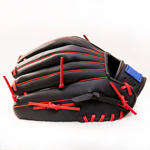 Gant de baseball en cuir noir avec surpiqûres rouges et accents bleus, fermeture auto-agrippante, respirant, léger, unisexe, pour sports de plein air - Product Image 2