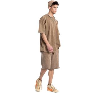 Streetwear d'été pour hommes, ensemble de t-shirts et shorts délavés à l'acide, survêtements tricotés en coton respirant personnalisés, tricotés à la mode par OEM - Product Image 4