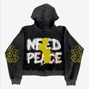 Sudadera con Capucha para Hombre, Estilo Vintage, Lavado Ácido, con Apliques Bordados Personalizados, Sudadera con Capucha con Cierre - Product Image 2