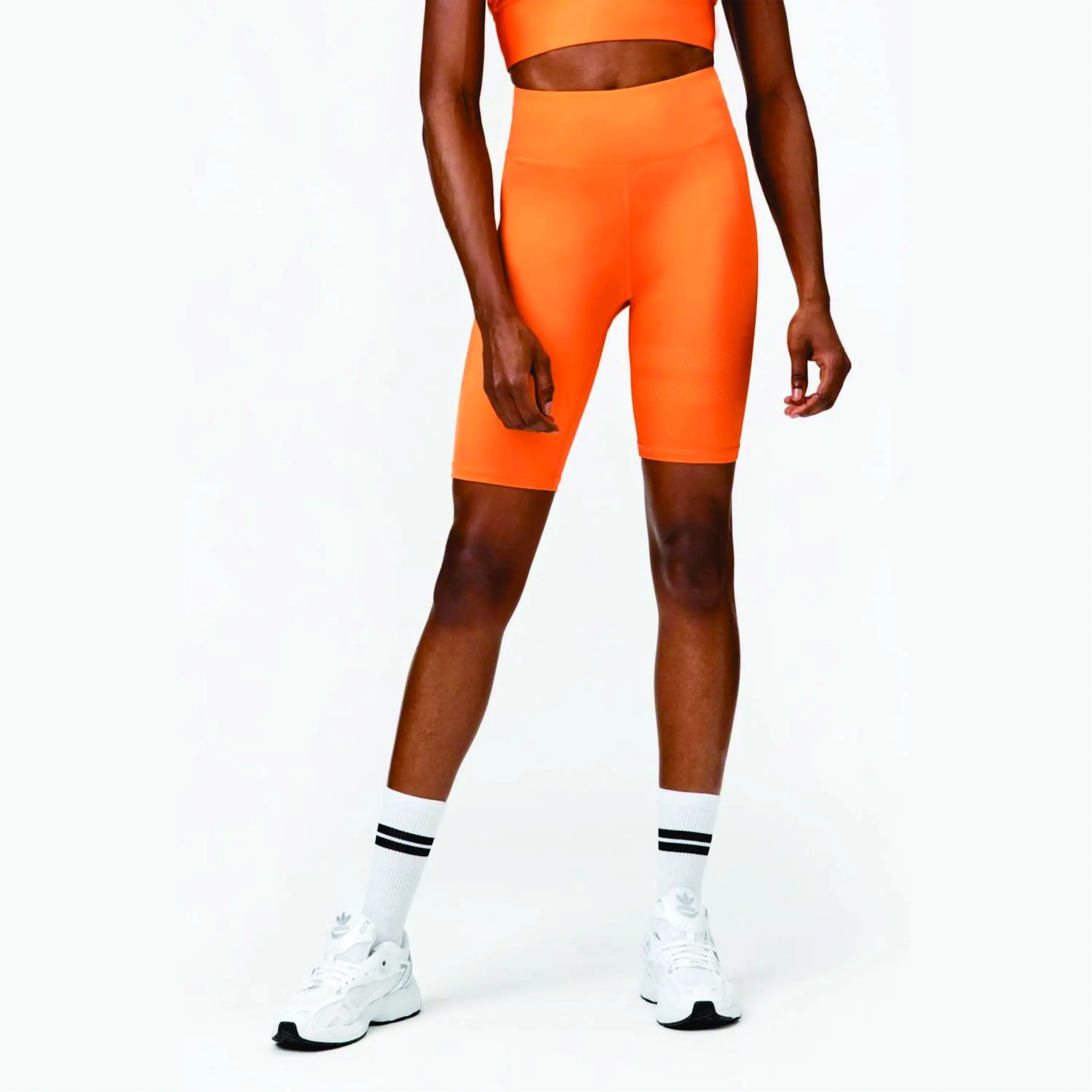 High Waist Squat Proof Pocket at back Shiny Fabric 85% Polyamide 15% Elastane Sun Orange Bike Shorts