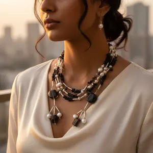 Collier pour femme en argent sterling avec onyx noir et perles, bijoux perlés tendance - Product Image 3