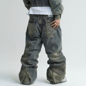 <span class=keywords><strong>Jeans</strong></span> en denim délavé vintage DiZNEW pour hommes, coupe ample, jambe <span class=keywords><strong>large</strong></span>, effet empilé, logo embossé, style streetwear, poches - Product Image 1
