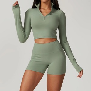 ชุดโยคะ2ชิ้นสำหรับผู้หญิงเสื้อยืดมีซิปแขนยาวเลกกิ้งเอวสูงชุดออกกำลังกายสั้นชุดวิ่ง - Product Image 2