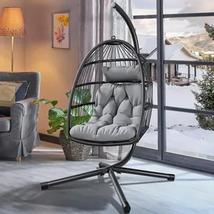 Silla Colgante Moderna Tipo Huevo con Soporte, Hamaca de Mimbre para Exteriores con Cojines, Capacidad de 330 lb, Color Gris Oscuro (Soporte Incluido) para Patio o Parque - Product Image 2