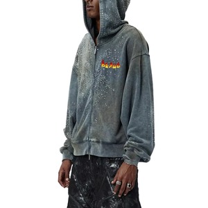 Sweat-shirts surdimensionnés pour hommes de style vintage, tissu en molleton français délavé à l'acide, fermeture éclair en strass, respirant - 100% coton, hiver - Product Image 4