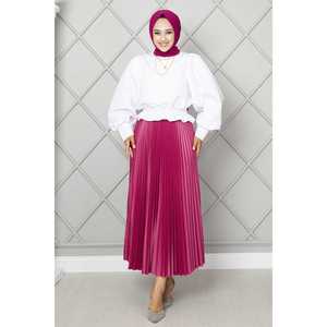 Fuchsia Satin Hijab <b>Skirt</b> with <b>Elastic</b> Waistband Pleated and Shiny Feature - Product Image 1
