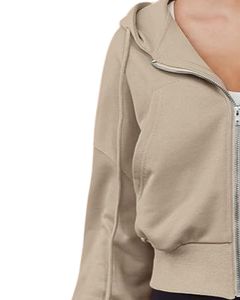 Sudadera con Capucha Corta para Mujer, Color Beige, Corte Holgado, Manga Larga, con Cordón, Estilo Casual, para Uso Diario - Product Image 3