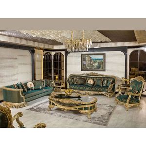 Ensemble de canapés en bois sculpté traditionnel de luxe avec revêtement vert antique, cadre doré, dossier capitonné - Meubles de salon - Décoration - Product Image 1