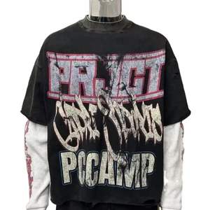 Último diseño Patchwork Streetwear deporte Unisex doble capa manga larga Oversize algodón camiseta para hombres - Product Image 3