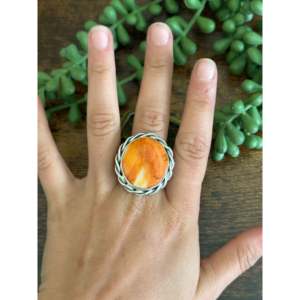 Bague en argent sterling avec turquoise et coquille d'ormeau épineux, faite à la main par des artisans Navajo, taille 10.25, bijoux fins géométriques - Product Image 2