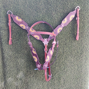 Headstall y Breastplate con diseño de impresión a mano Diseño personalizado Leather Horse Western Tack Set Headstall & Breastplate - Product Image 2