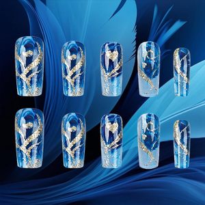 24 <span class=keywords><strong>Uñas</strong></span> Postizas Doradas con Línea Curva, Acrílicas Brillantes con Degradado Azul, Forma Cuadrada Mediana, Venta al Por Mayor - Product Image 2