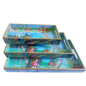 Vendedor caliente Nueva llegada Mango Bandeja de madera para servir Plato Tamaño personalizado con mango de diseño impreso de flores para aperitivos Té y bebidas - Product Image 6