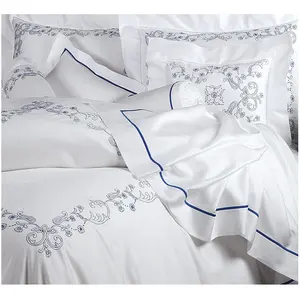 Conjunto de cama de luxo feita de bordado, conjunto de roupa de cama personalizada de luxo com capa de edredão em algodão, branco e de alta qualidade para casamento e hotel