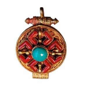 Handmade Gold-Plated Brass Religious Buddhism Jewelry <b>Fine</b> <b>Pendants</b> <b>Charms</b> Ghau Shape Diamond Coral Flower Patterns Turquoise - Product Image 3