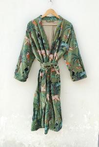 Green Jungle Print Cotton Velvet Kimono Robe Morning Tea Velvet Coat Women's Casual Bridesmaid Dress Evening Velvet Jacket - Product Image 5