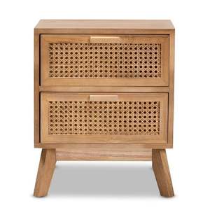 Artisan Crafted <b>Mid</b>-<b>Century</b> Modern Teak Wood <b>Bedside</b> <b>Table</b> Natural Finish Nightstand with Handwoven Rattan Cane Drawers Sust - Product Image 1