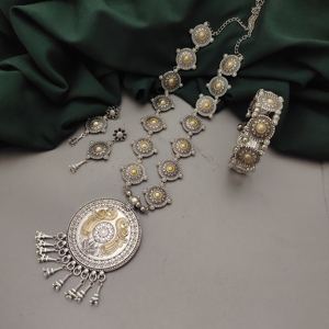 Direct Indian Supplier's Best Selling Two-Tone Long Necklace <b>and</b> <b>Bracelet</b> <b>Set</b> with Adjustable Stud <b>Earrings</b> - Product Image 1