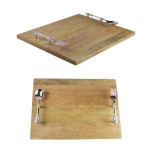 Plateau de service en bois naturel fait à la main, de forme ronde, pour servir des aliments, des gâteaux, des fruits, avec poignée en métal - Product Image 1