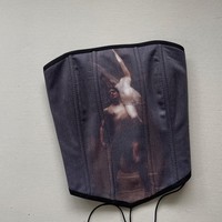 Corsé Alphatek de satén con encaje, estilo club, control firme bajo el busto, con patrón sublimado efecto desgastado por el sol, para venta al por mayor y al por menor