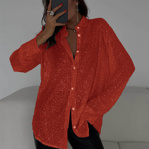 Camisa con cuello en V y lentejuelas brillantes para mujer, camisa con botones brillantes, blusa holgada de manga larga con cuello de solapa, Tops - Product Image 4