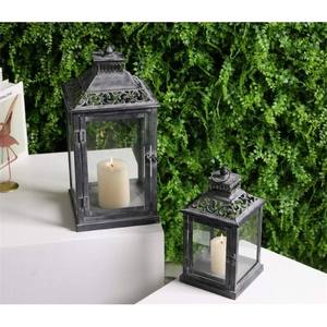 Linternas decorativas de cepillo hecho a mano gris antiguo, linternas de vela de aluminio para interiores y exteriores, mango de paneles de vidrio para el hogar de la boda - Product Image 2