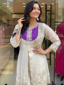 Pakistanais Salwar Kameez haut bas Dupatta femmes Style traditionnel couleur blanche courte tenue de fête séchage rapide toutes les saisons - Product Image 5