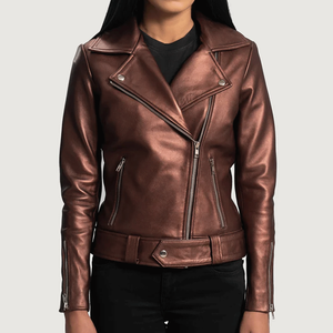 Chaqueta de piel de oveja auténtica estilo motorista Rumy Maroon para mujer, chaqueta de moto semialineada a prueba de viento, nombre del equipo personalizado - Product Image 1