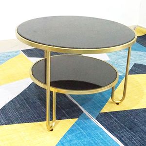 SFBT008-Modern 2-Tier Round <b>Sofa</b> <b>Table</b> with Tempered Glass Top Gold Bronze Frame Marble-Faced Bottom - Product Image 2