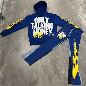 Puff Printing 2 piezas de algodón de gran tamaño Chándales Zip up Hoodies y pantalones de chándal acampanados Stacked Jogger Sets para hombres - Product Image 2