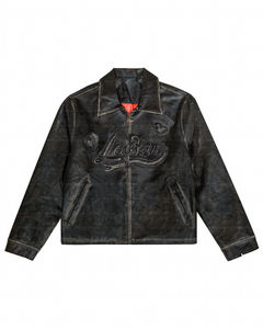 Blouson aviateur universitaire vintage surdimensionné délavé à l'acide avec fermeture éclair avec logo en relief blousons unisexe en cuir PU pour hommes - Product Image 4