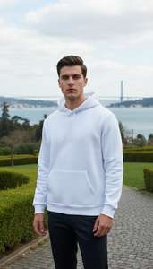 Sweat-shirt à capuche en molleton français à 3 fils, coupe classique, motif uni, doublure en polaire, poche kangourou, 100% coton tricoté, écologique - Product Image 3