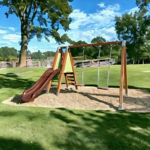 Modèle de terrain de jeu en bois pour enfants SG0938, toboggan simple et double balançoire, plastique durable pour une utilisation à l'école ou au parc - Product Image 4