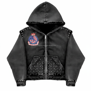 Sudadera con cremallera negra Premium 420 GSM forro polar pesado diseño tachonado cálido y duradero con parche bordado logotipo personalizado sudadera básica - Product Image 1